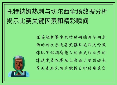 托特纳姆热刺与切尔西全场数据分析揭示比赛关键因素和精彩瞬间